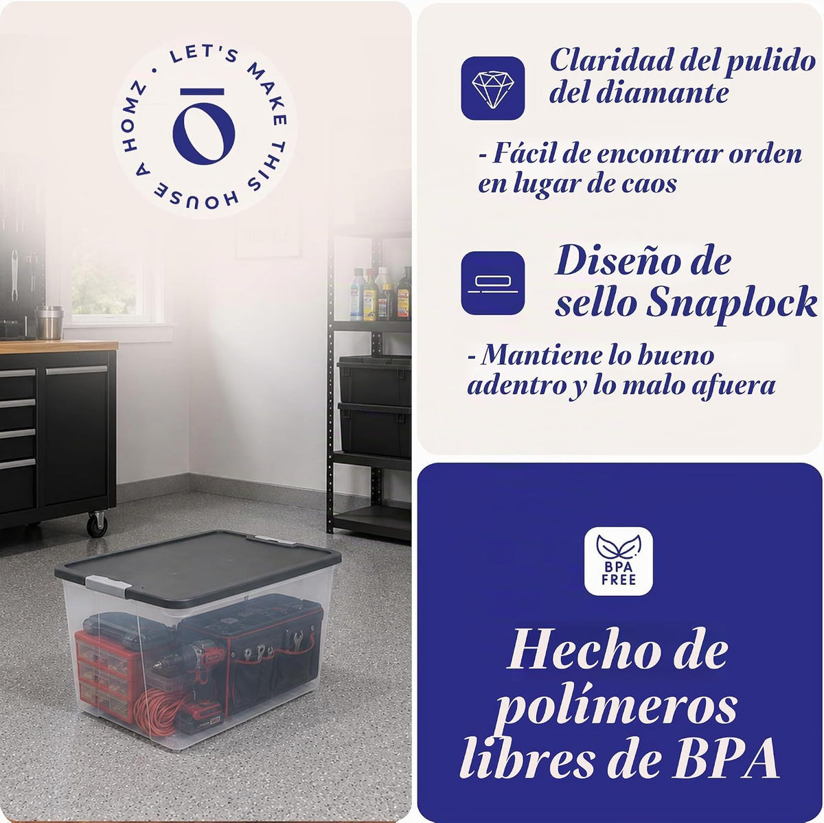 HOMZ Contenedor de plástico transparente con tapa gris de cierre seguro, 64