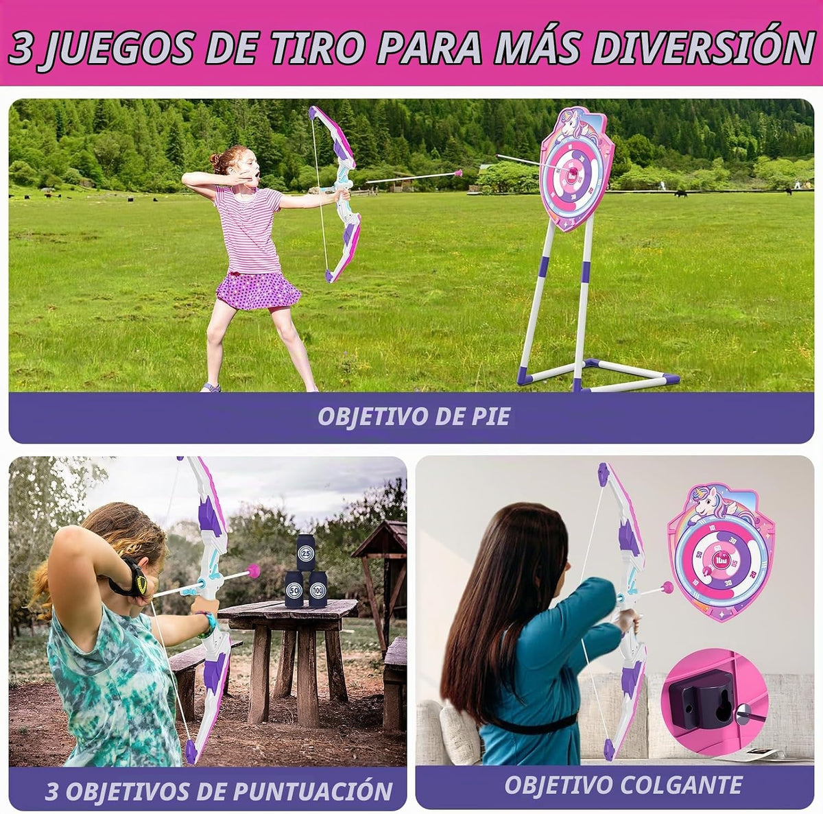 Bow y Arrow para Kids 4-6, LED Light Up Girls Archery Set