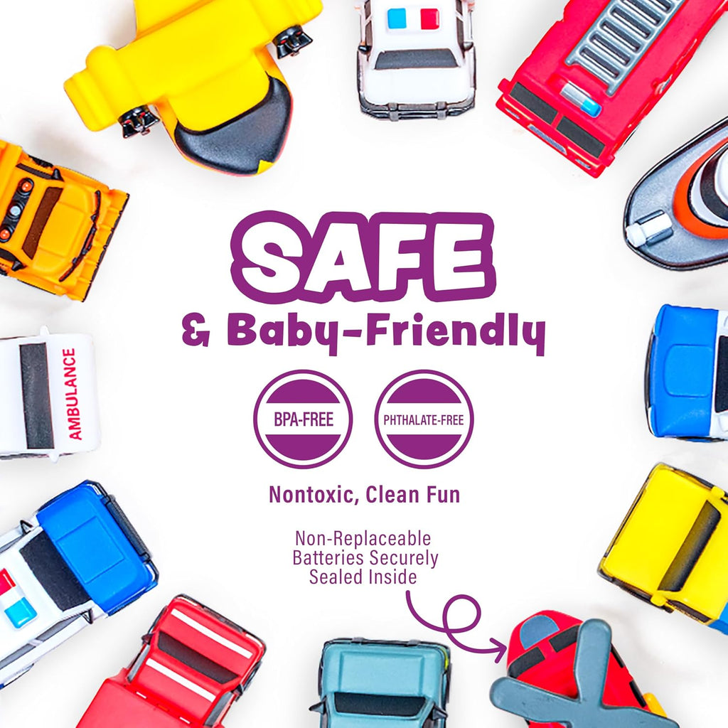 Tub Works® Emergency™ Cars - Juguetes de baño iluminados, paquete de 12 | Juguetes iluminados activados por agua que parpadean y cambian de color | Juguetes de baño para bebés y niños pequeños de fácil agarre | Juguetes sensoriales con luces de baño para