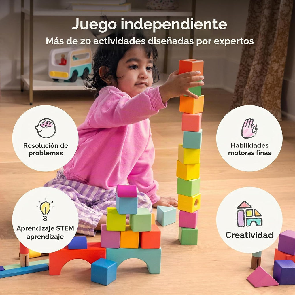 LOVEVERY | El Juego de Bloques | Bloques de Construcción de Madera Maciza y Formas + Caja de Almacenamiento de Madera, 70 Piezas, 18 Colores, Más de 20 Actividades, Juego de Bloques para Niños