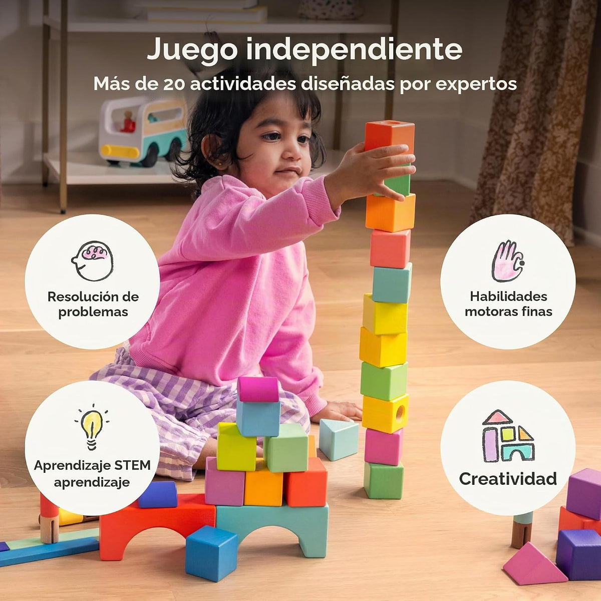 LOVEVERY | El Juego de Bloques | Bloques de Construcción de Madera Maciza y Formas + Caja de Almacenamiento de Madera, 70 Piezas, 18 Colores, Más de 20 Actividades, Juego de Bloques para Niños