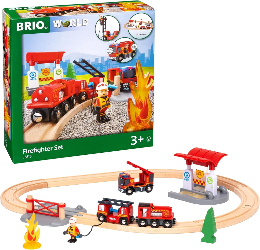BRIO World Rescue - Juego de bomberos de 18 piezas con certificación FSC y accesorios, motor de tren de bomberos con luces y sonido, pistas de madera y más, funciona con todos los juegos de trenes de madera, a partir de 3 años