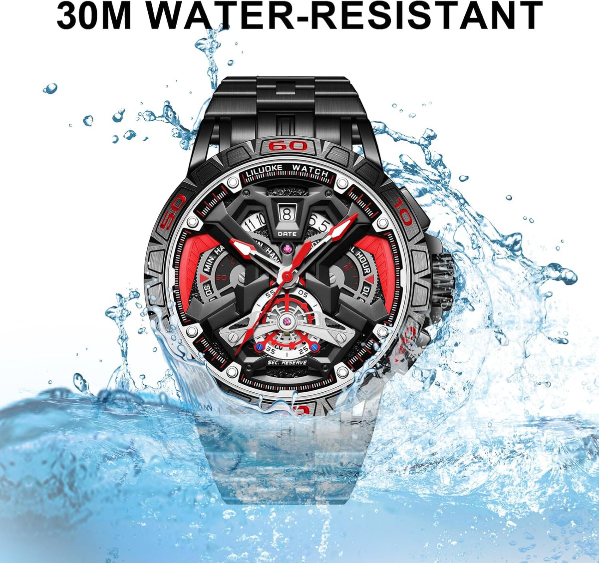 relojes de pulsera informales para hombre, diseño luminoso, cara grande, reloj negro de cuarzo de 30 ATM, regalos únicos para hombres.
