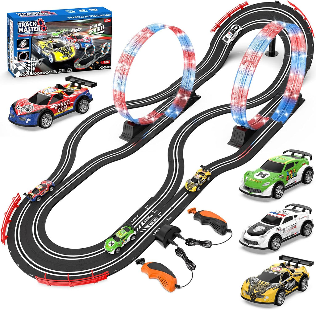 Juegos de carreras 2 en 1 con 4 autos de alta velocidad, pista eléctrica, juego de carreras dual con 2 controladores, diseño de paso elevado circular con pistas flash. Regalo de juguete para niños de 6 a 8 años de 8 a 12 años