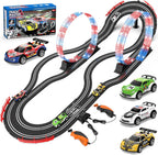 Juegos de carreras 2 en 1 con 4 autos de alta velocidad, pista eléctrica, juego de carreras dual con 2 controladores, diseño de paso elevado circular con pistas flash. Regalo de juguete para niños de 6 a 8 años de 8 a 12 años
