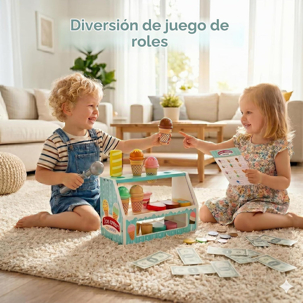 Juego de mesa de madera para contador de helados para niñas pequeñas, Play Store, juguete de simulación, accesorios de cocina con dinero y moneda falsos, regalos de cumpleaños de Navidad para niños de más de 3 años (verde)