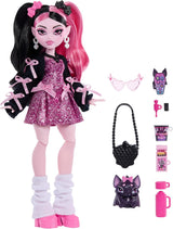 Muñeca Monster High, Draculaura en vestido de lazo rosa y chaqueta...