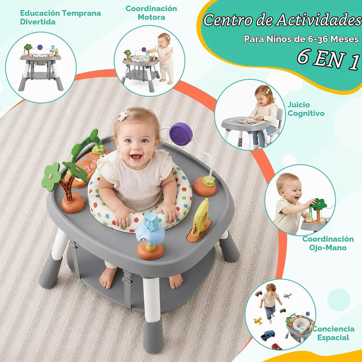 Centro de Actividades para Bebé 6 en 1, Mesa de Actividades Estacionaria para Estar de Pie (Gris)