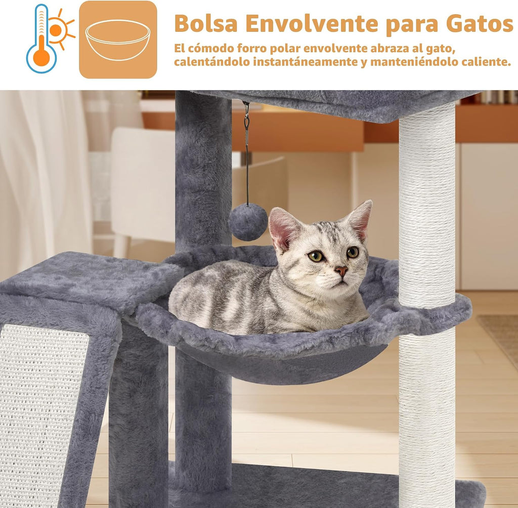 YOUPET - Árbol para gatos con poste rascador para gatos de interior, torre para gatos con tabla de rascar y bolas de juguete divertidas, torre de árbol para gatos con hamaca acogedora, gris