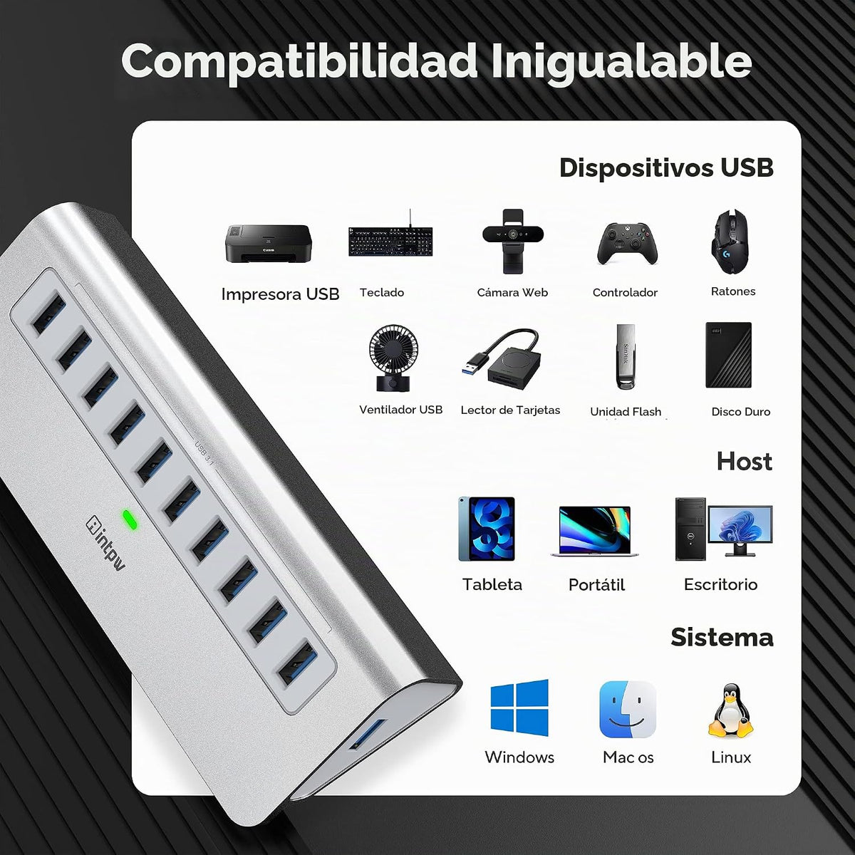 intpw, YH6, hub USB 3.2 de 10 puertos, alimentado