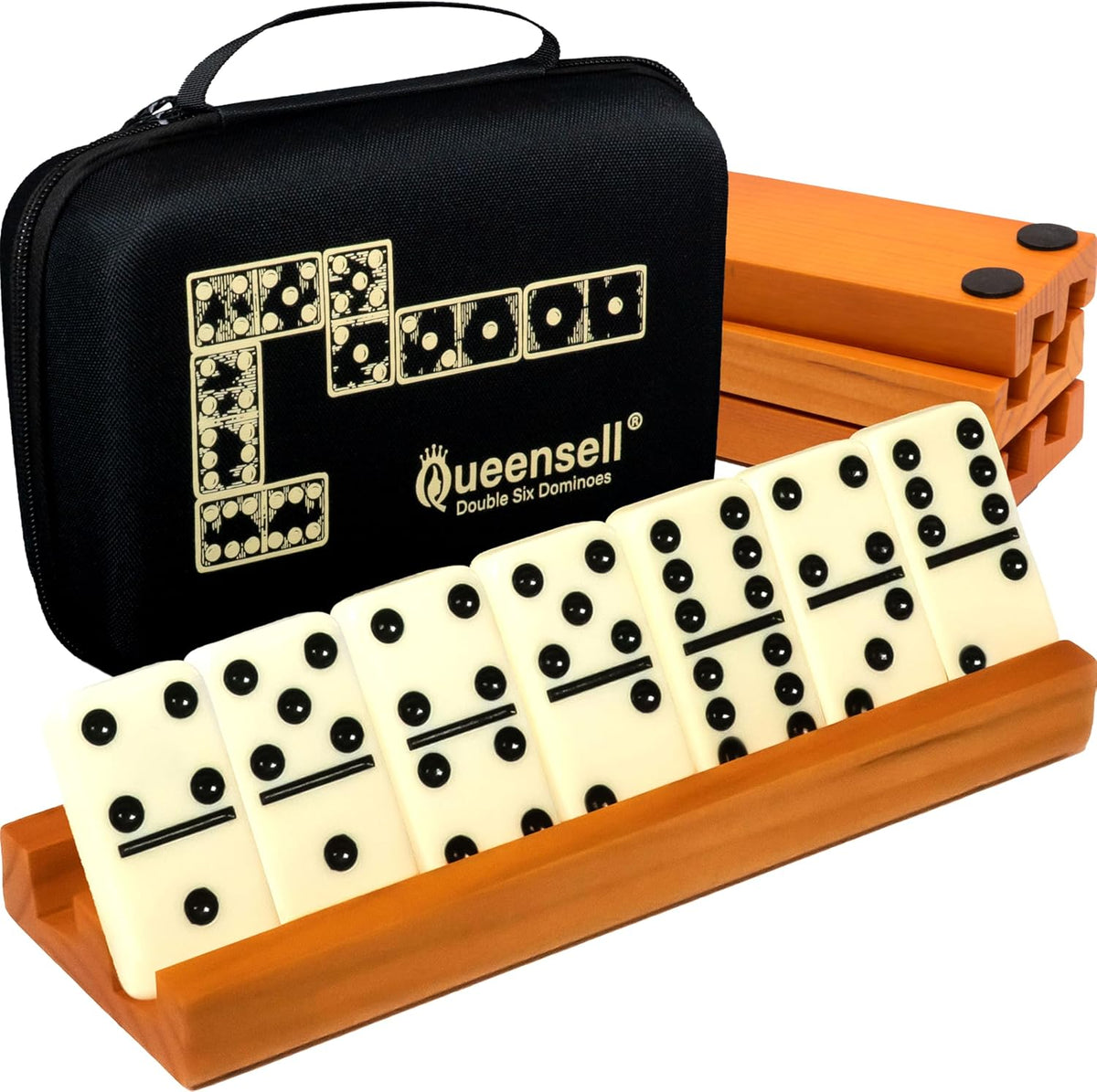 Queensell Juego de dominó para adultos con 4 bastidores de dominó – Juego de dominó doble de 6 con soporte para dominó, juegos de mesa clásicos para niños y adultos – Juego de dominó doble de seis juegos de dominó estándar de 28 azulejos con estuche de vi