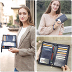 Cartera de viaje de cuero de grano superior para hombre y mujer, hecha a mano con tres capas para 4 pasaportes y múltiples tarjetas, bloqueo RFID de gran capacidad para tarjetas, pasaportes, boletos, azul