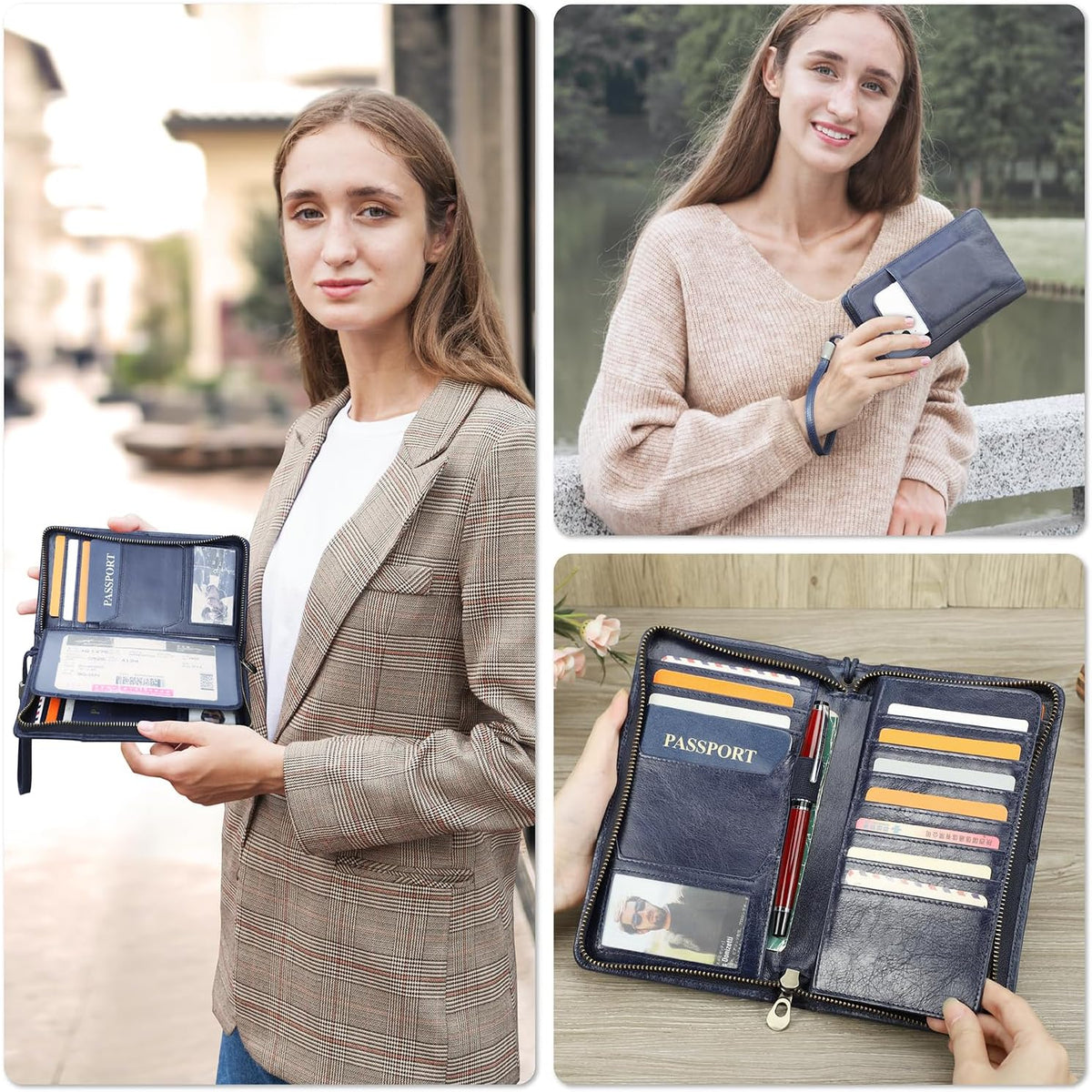 Cartera de viaje de cuero de grano superior para hombre y mujer, hecha a mano con tres capas para 4 pasaportes y múltiples tarjetas, bloqueo RFID de gran capacidad para tarjetas, pasaportes, boletos, azul