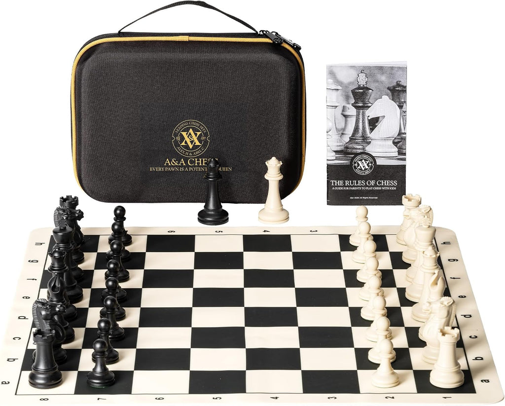 Juego de ajedrez para torneo A&A / Tablero de ajedrez plegable de silicona de 20'x20' / Piezas clásicas Staunton de plástico con peso cuádruple de 3.75'' de altura del rey / Bolsa de almacenamiento
