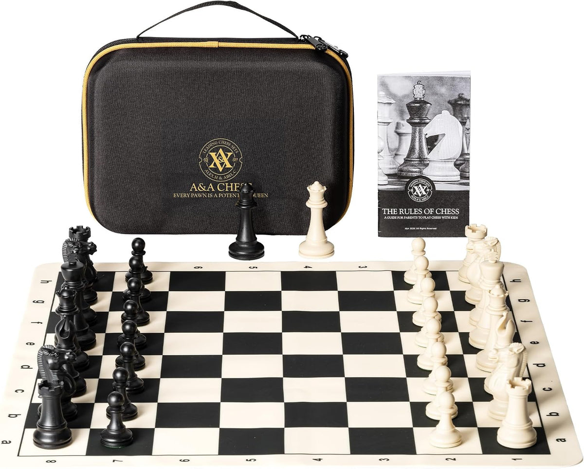 Juego de ajedrez para torneo A&A / Tablero de ajedrez plegable de silicona de 20'x20' / Piezas clásicas Staunton de plástico con peso cuádruple de 3.75'' de altura del rey / Bolsa de almacenamiento