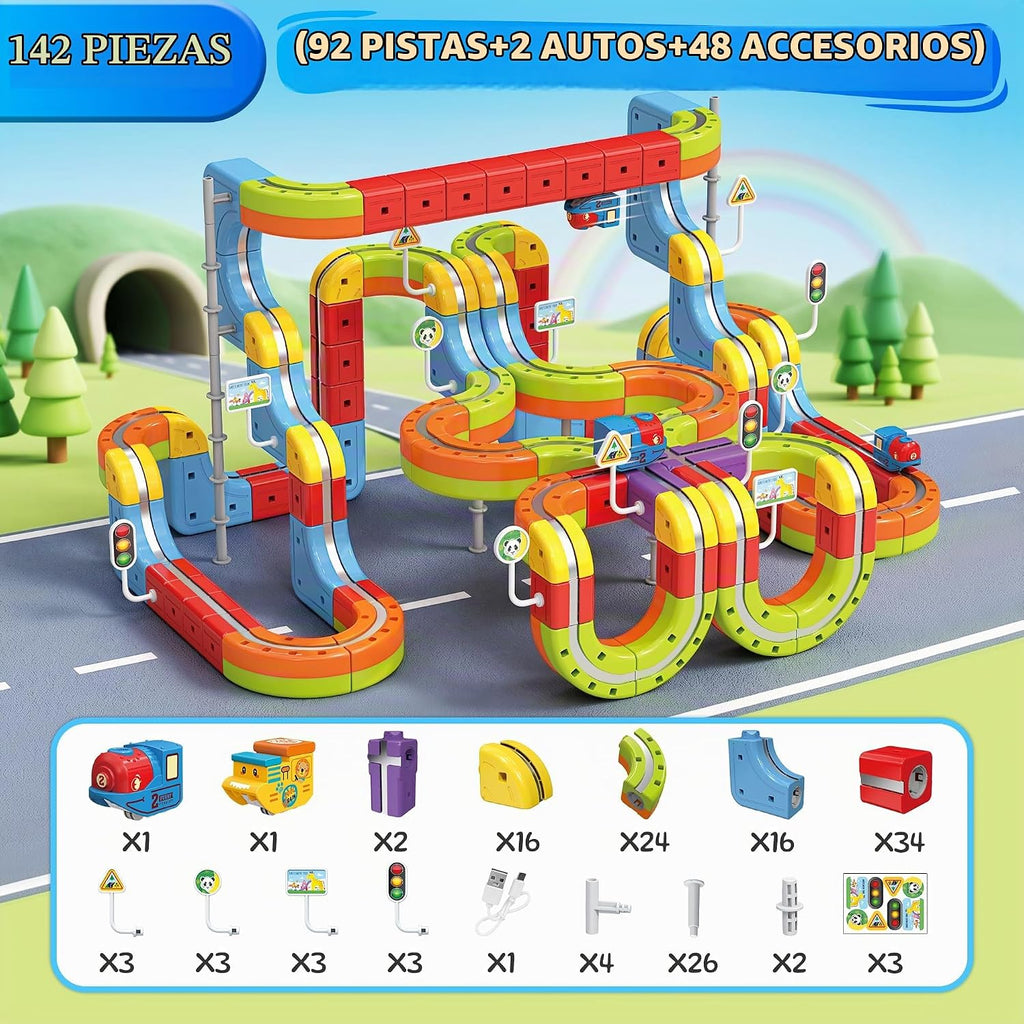 Juego de tren eléctrico para niños, 141 piezas (92 pistas + 2 autos) juego de tren magnético para niños pequeños, juguetes STEM regalos de cumpleaños para niños de 3 a 12 años, kits de pista de