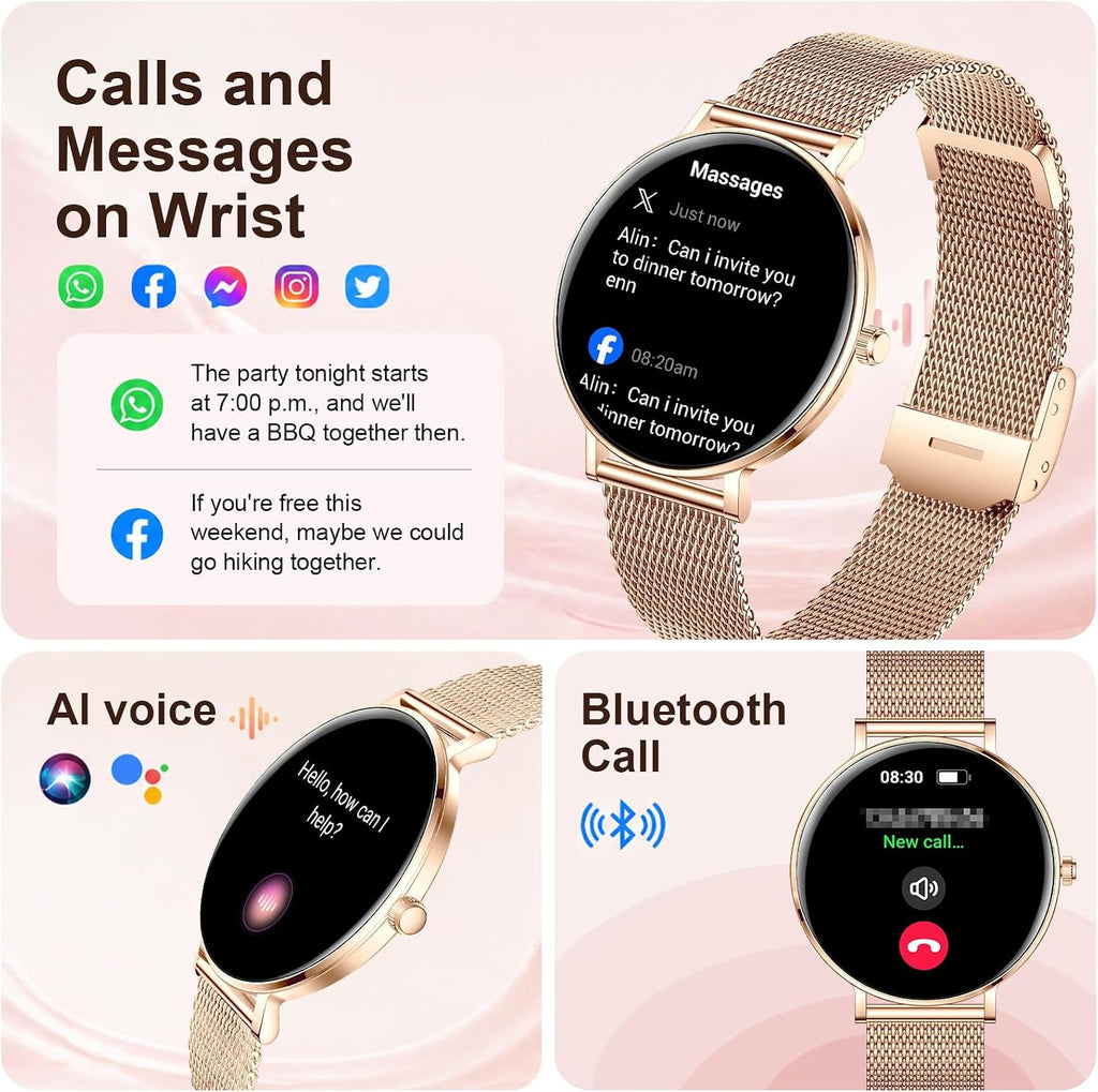 Relojes inteligentes para mujer, monitor HD AMOLED de 1.32 pulgadas para hacer y responder llamadas, monitor de frecuencia cardíaca 24/7/sueño/SpO2 para Android y iPhone, más de 130 modos