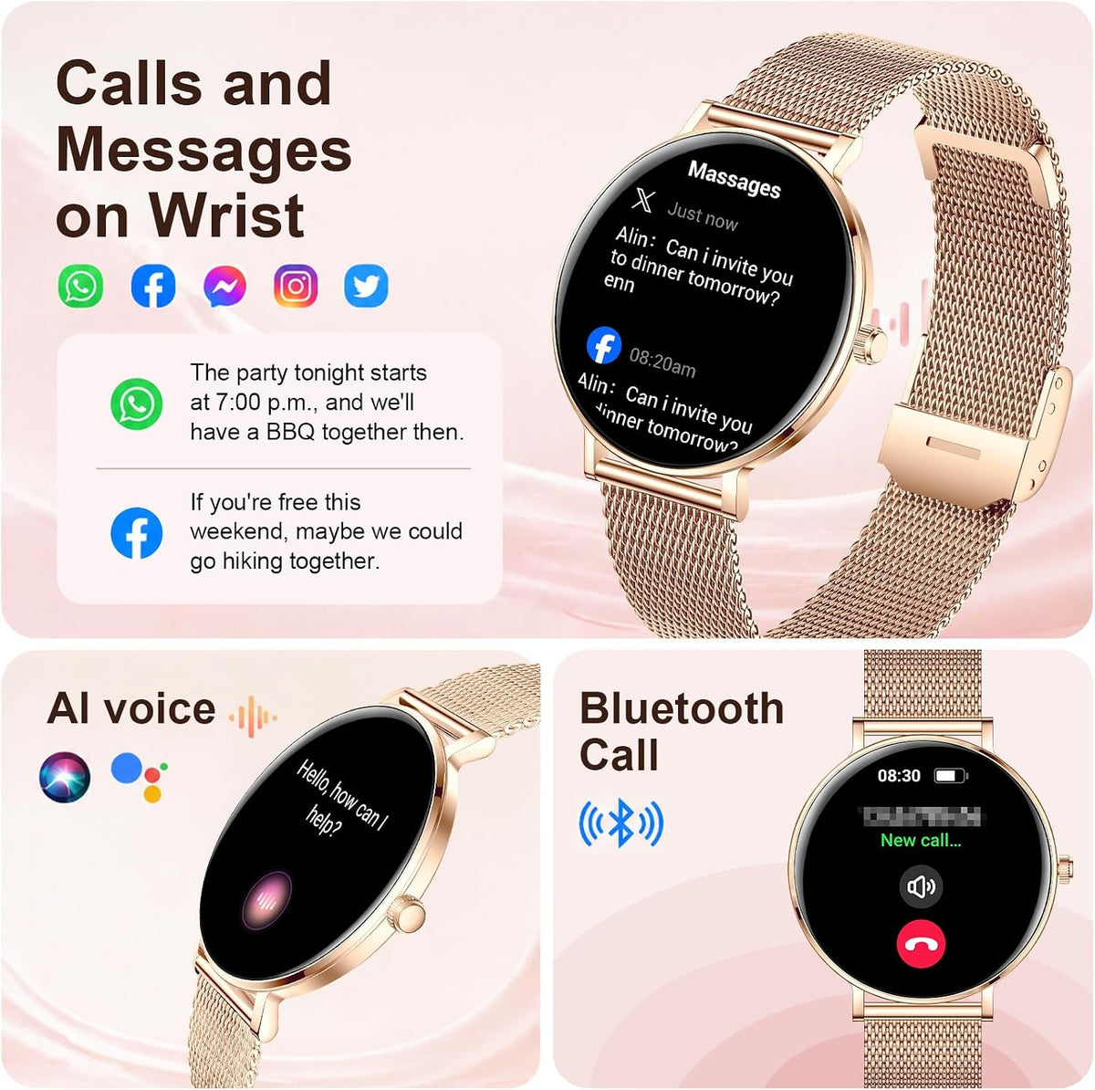 Relojes inteligentes para mujer, monitor HD AMOLED de 1.32 pulgadas para hacer y responder llamadas, monitor de frecuencia cardíaca 24/7/sueño/SpO2 para Android y iPhone, más de 130 modos