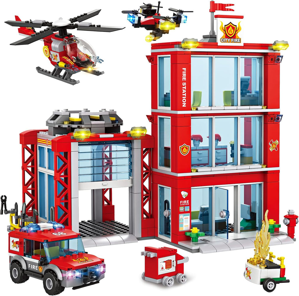 Juego de construcción de estación de bomberos de ciudad, modelo de sede del departamento de bomberos con camión de bomberos, helicóptero y dron de rescate, kit de construcción coleccionable