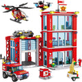 Juego de construcción de estación de bomberos de ciudad, modelo de sede del departamento de bomberos con camión de bomberos, helicóptero y dron de rescate, kit de construcción coleccionable