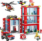 Juego de construcción de estación de bomberos de ciudad, modelo de sede del departamento de bomberos con camión de bomberos, helicóptero y dron de rescate, kit de construcción coleccionable