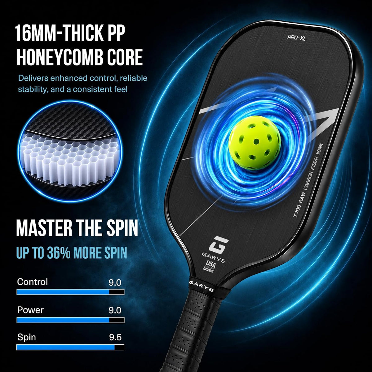 GARYE Paletas de pickleball, raqueta de fibra de carbono cruda T700 con