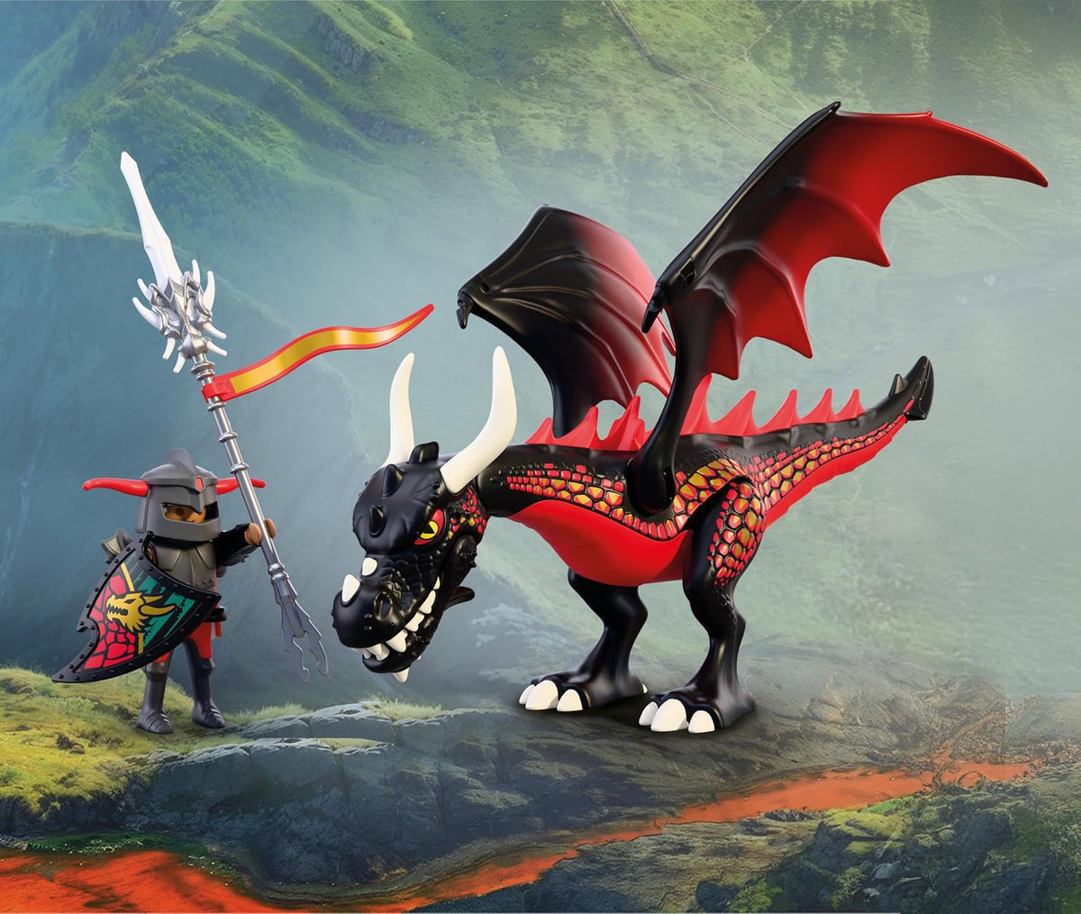 Playmobil | Caballeros | Dragón Negro | Dragón grande que respira fuego con función de disparo y caballero | Juguete de dragón para niños mayores de 4 años | 72114