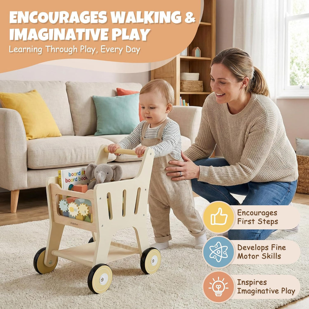 Carrito de compras de madera para niños, 3 en 1 caminante de madera para bebés, cochecito de muñeca de bebé, carrito de compras de juguete para niños pequeños de 1 a 3 años