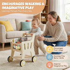 Carrito de compras de madera para niños, 3 en 1 caminante de madera para bebés, cochecito de muñeca de bebé, carrito de compras de juguete para niños pequeños de 1 a 3 años
