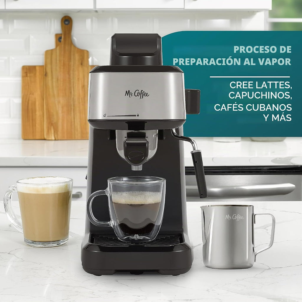 Mr. Coffee máquina al vapor de 4 tazas para preparar café expreso, capuchino y café con leche con jarra de espuma de acero inoxidable