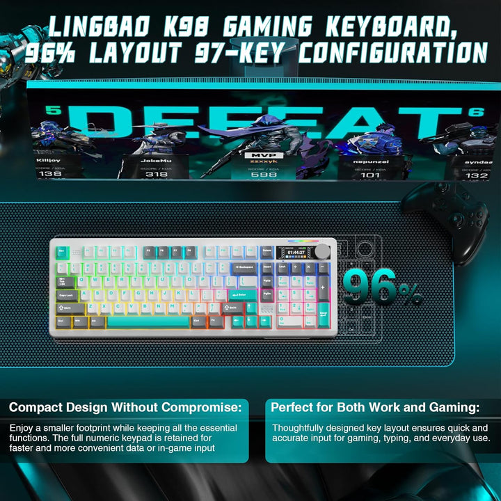 LINGBAO K98 PRO Teclado Mecánico Inalámbrico al 96%, con Pantalla y...