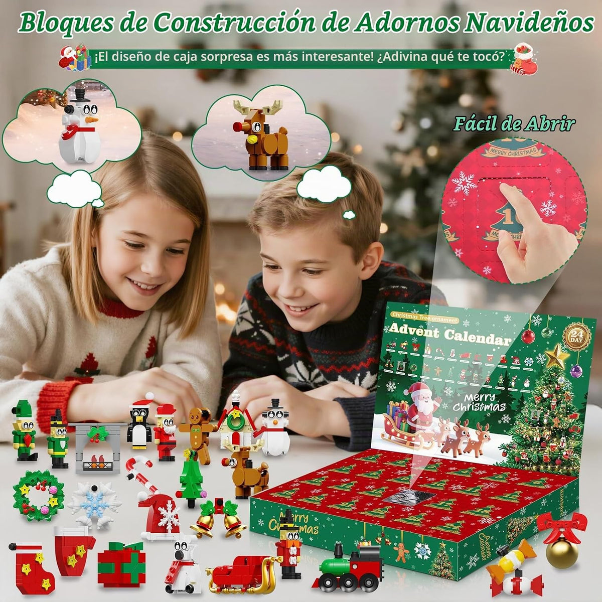 Calendario de Adviento 2026, adornos de Navidad, juego de construcción compatible con Lego, corona de Papá Noel, pan de jengibre, reno, juguete de construcción 24 en 1, cuenta regresiva de 24 días para juguetes de Navidad, regalos para niños y niñas
