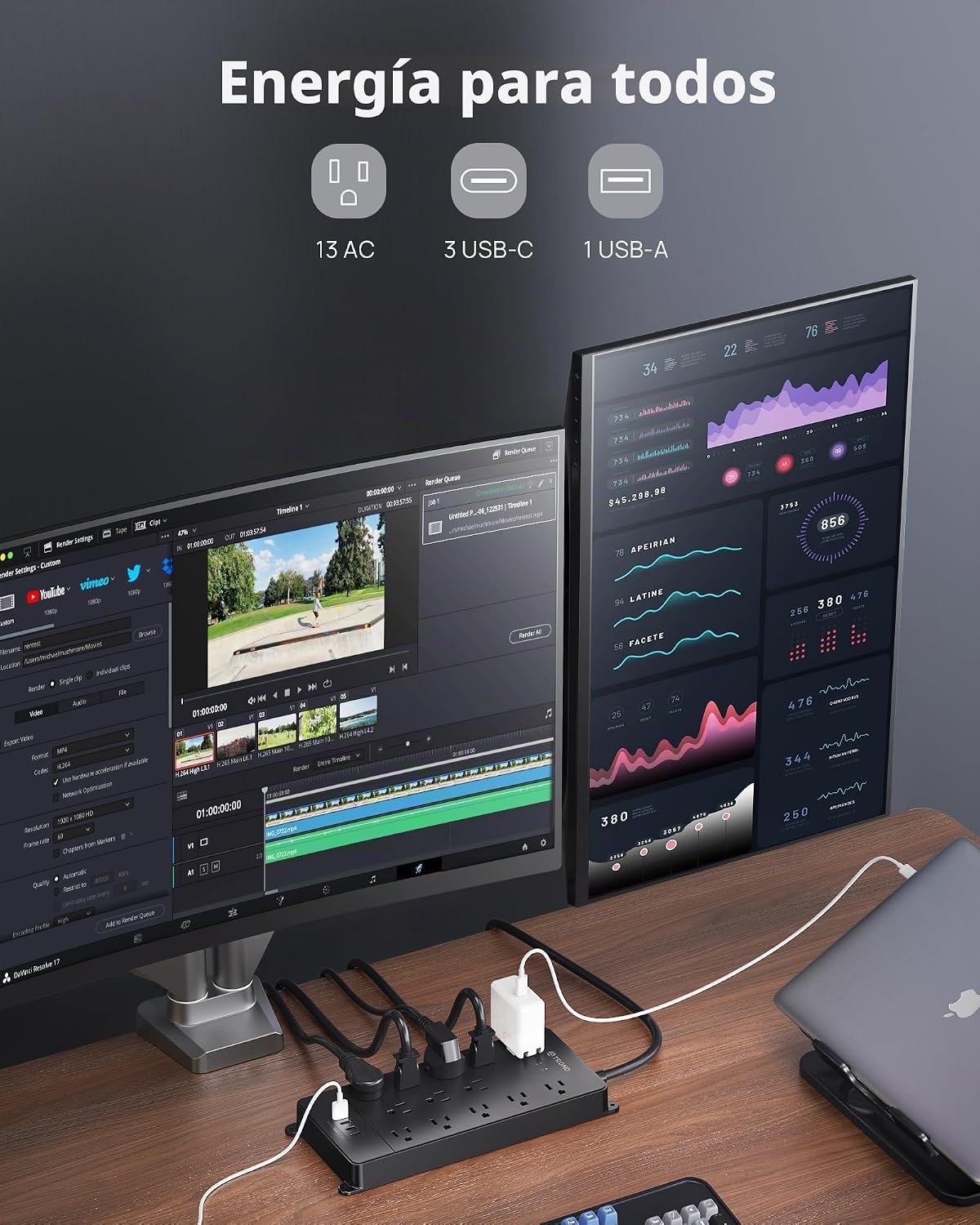TROND Regleta de alimentación con protector de sobretensiones, 4000 julios, certificación ETL, 13 tomas de expansión ampliamente espaciadas con puertos USB C, enchufe plano de perfil bajo, montaje en