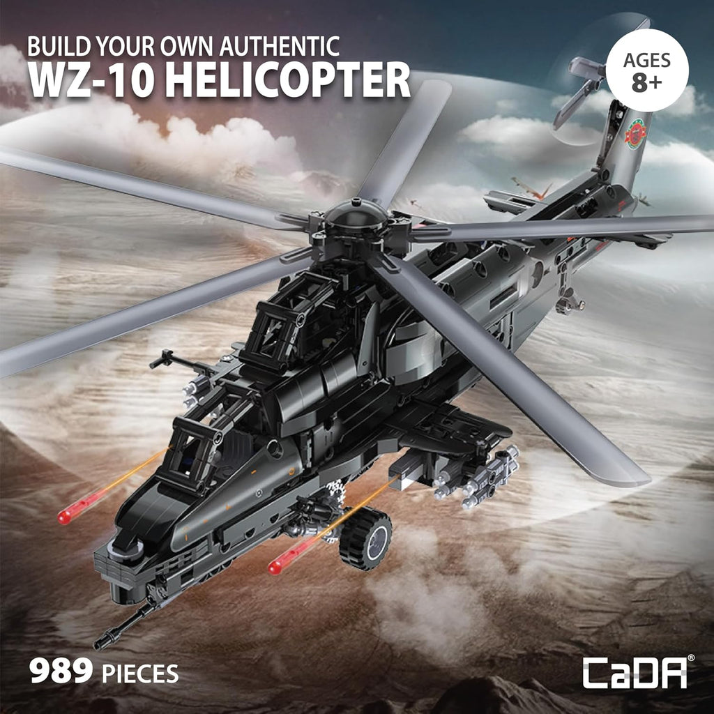 CADA Z-10 Kit de construcción de helicóptero motorizado – 989 piezas con batería recargable, motores duales, controlador de 2.4 GHz – Juego de helicóptero de ladrillo RC compatible con las principales