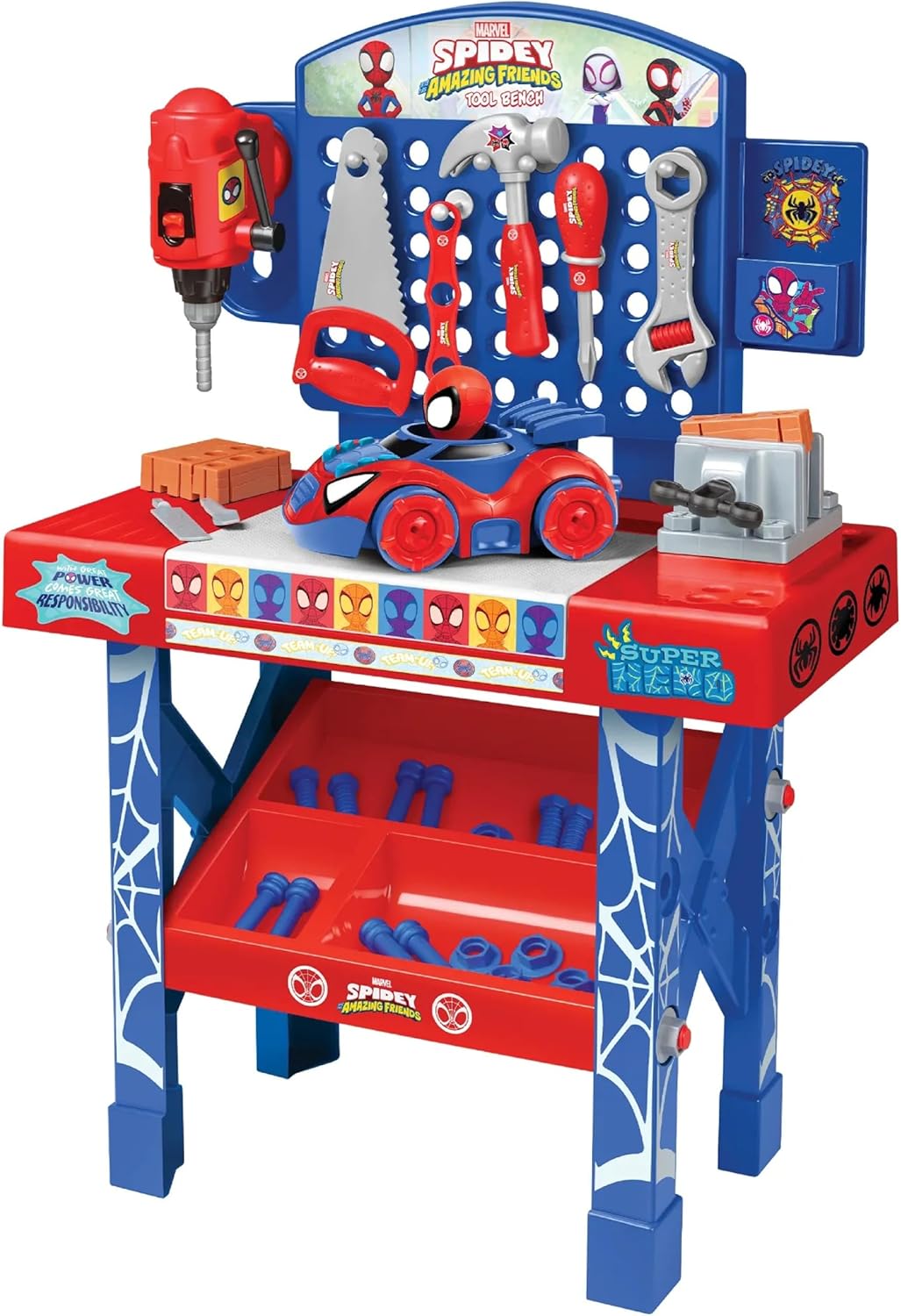 Marvel Spidey & His Amazing Friends - Juego de banco de herramientas de 55 piezas, auto desmontable