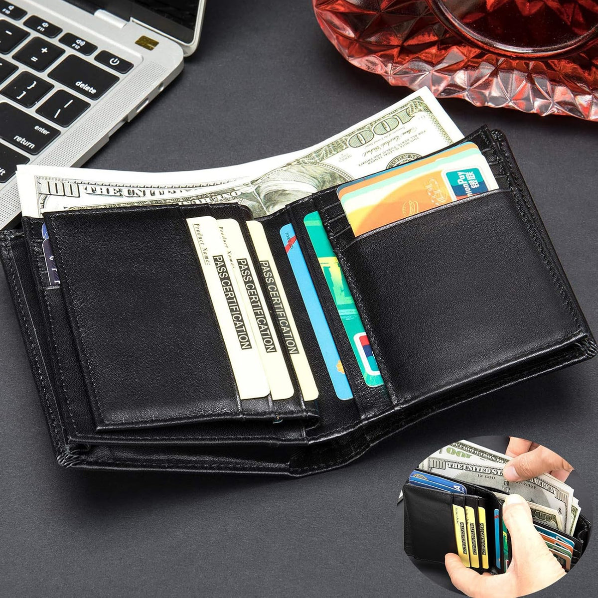 Cartera de cuero para hombre, plegable vertical, con bloqueo RFID,...