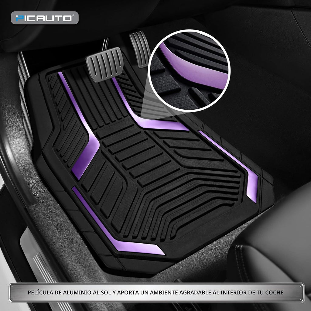 PIC AUTO Alfombras de piso de goma resistentes, juego de alfombrillas de auto de película de aluminio púrpura, alfombrillas delanteras y traseras para auto con respaldo antideslizante, protección para
