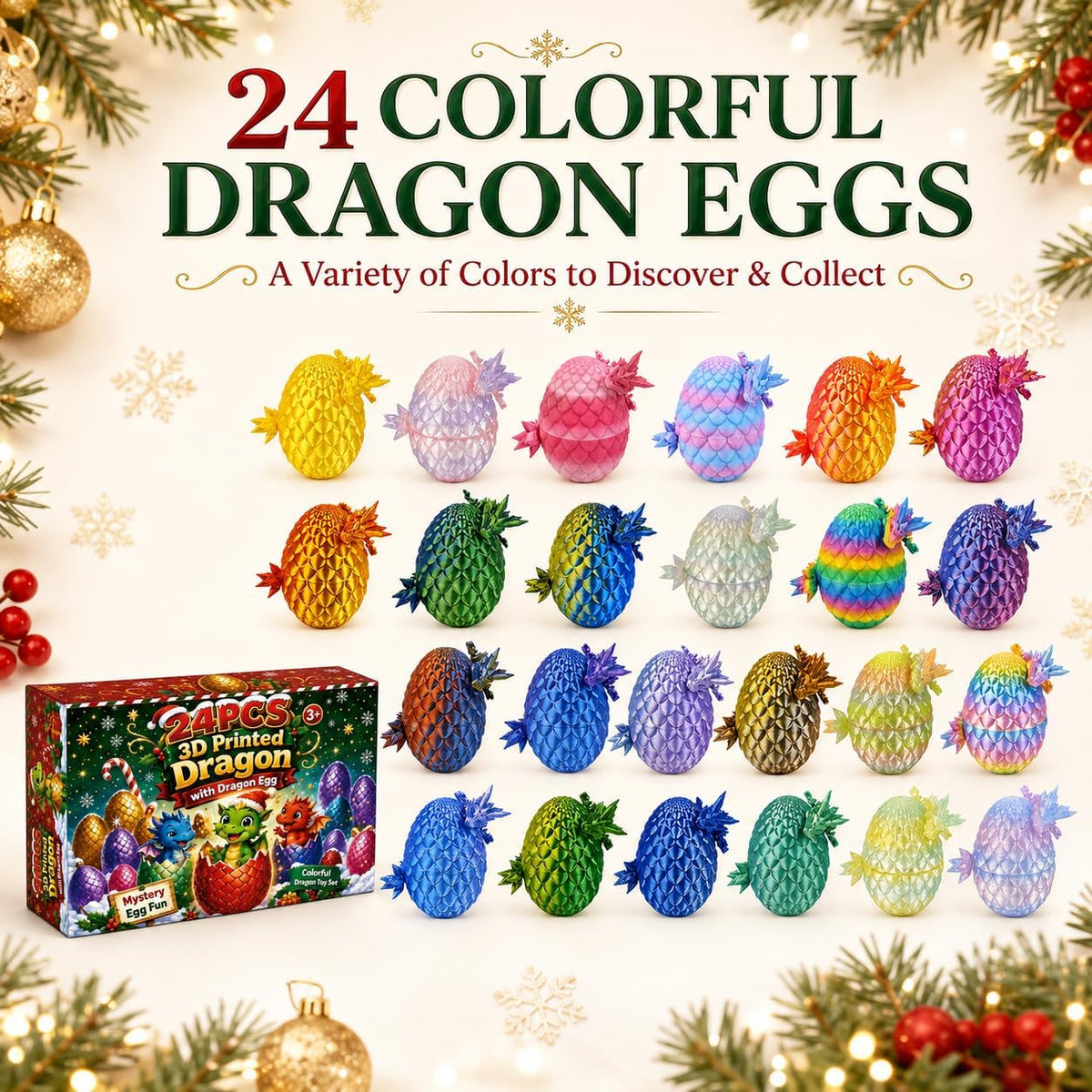 EIMONEY 24 huevos de dragón impresos en 3D con dragón en el interior, diseño de dragón movible realista, dragón impreso en 3D, juego de juguetes de dragón, animales coleccionables en 3D para adultos y
