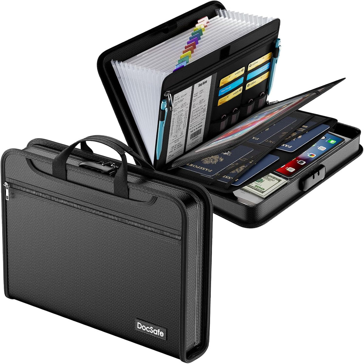 DocSafe Archivador de acordeón con cerradura de combinación, carpeta de archivos expandible resistente al fuego e impermeable con múltiples bolsillos, organizador de documentos para almacenamiento