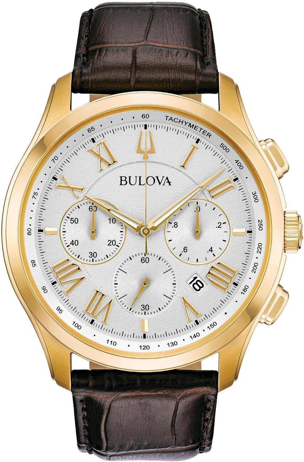 Bulova Reloj para hombre, Correa dorada/marrón, Correa de cuero marrón de acero inoxidable con cronógrafo clásico