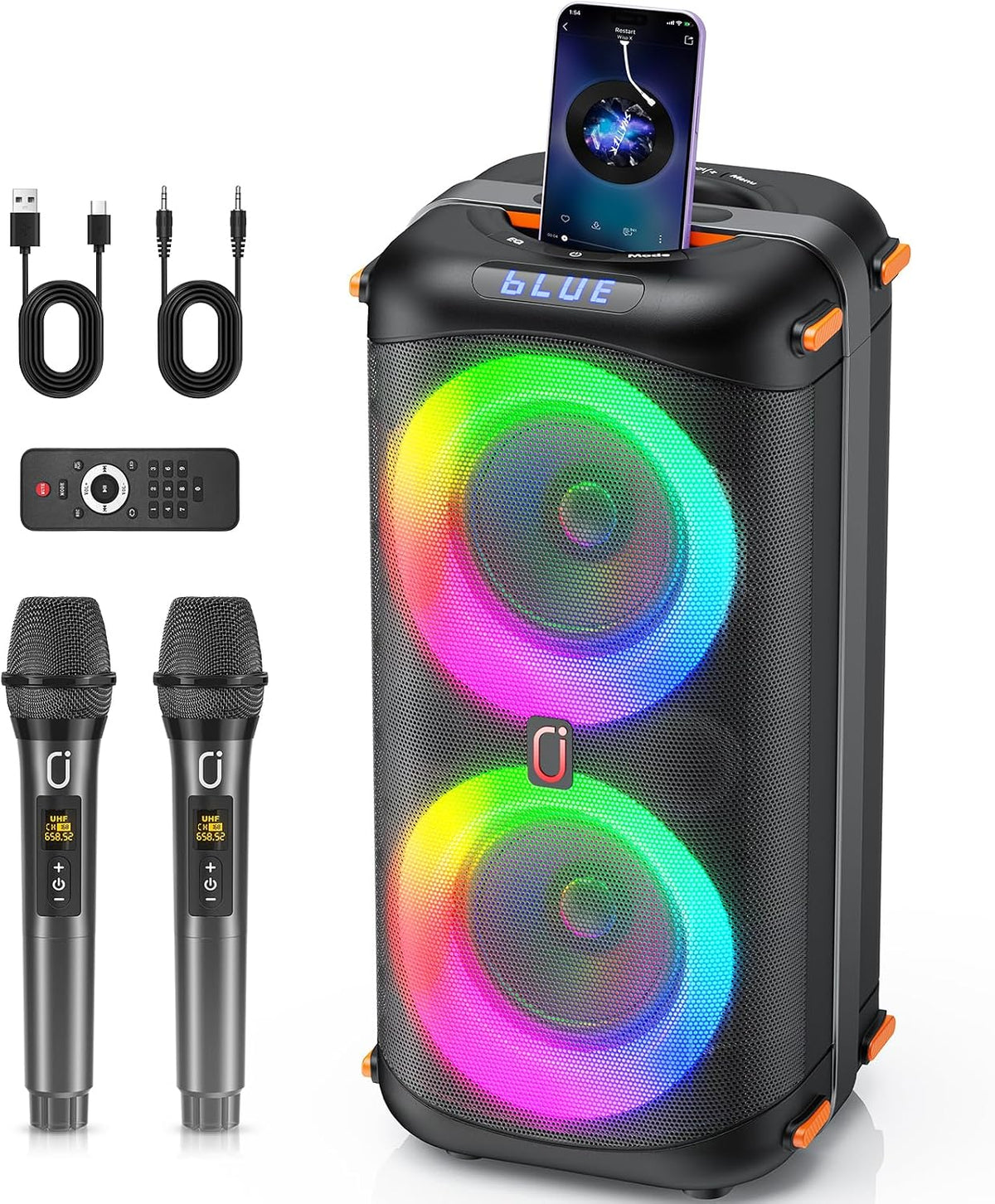 Máquina de karaoke con 2 micrófonos inalámbricos, altavoz de karaoke portátil Bluetooth 5.3 para el hogar al aire libre, sistema PA para adultos con ajuste de eco/luces LED, compatible con TV/USB/AUX