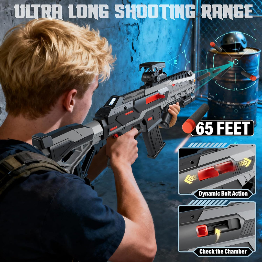 SOFITEN Pistola de juguete automática con alcance ajustable, rifle de francotirador de juguete eléctrico con chaleco, linterna, agarre, juegos de disparo para interiores y exteriores, regalos para
