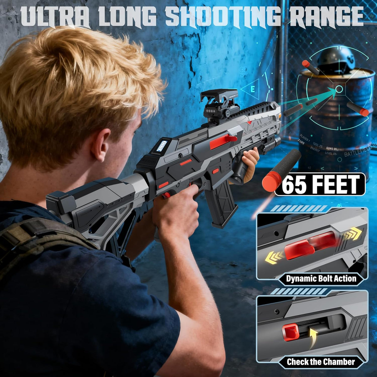SOFITEN Pistola de juguete automática con alcance ajustable, rifle de francotirador de juguete eléctrico con chaleco, linterna, agarre, juegos de disparo para interiores y exteriores, regalos para
