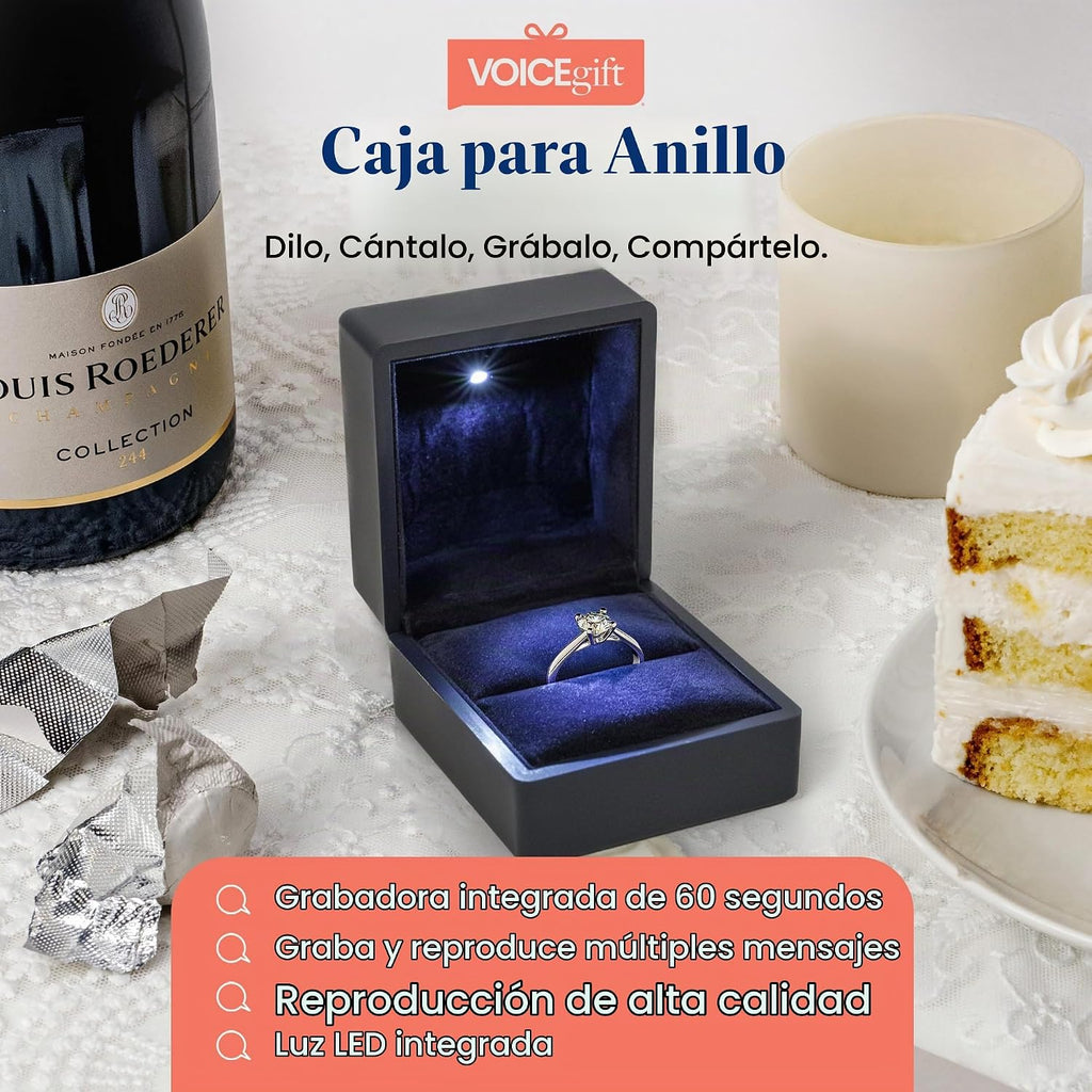 Caja de anillo grabable con luz LED, grabadora de voz de 60 segundos, caja de regalo de joyería de terciopelo para propuesta, compromiso y recuerdo, azul medianoche