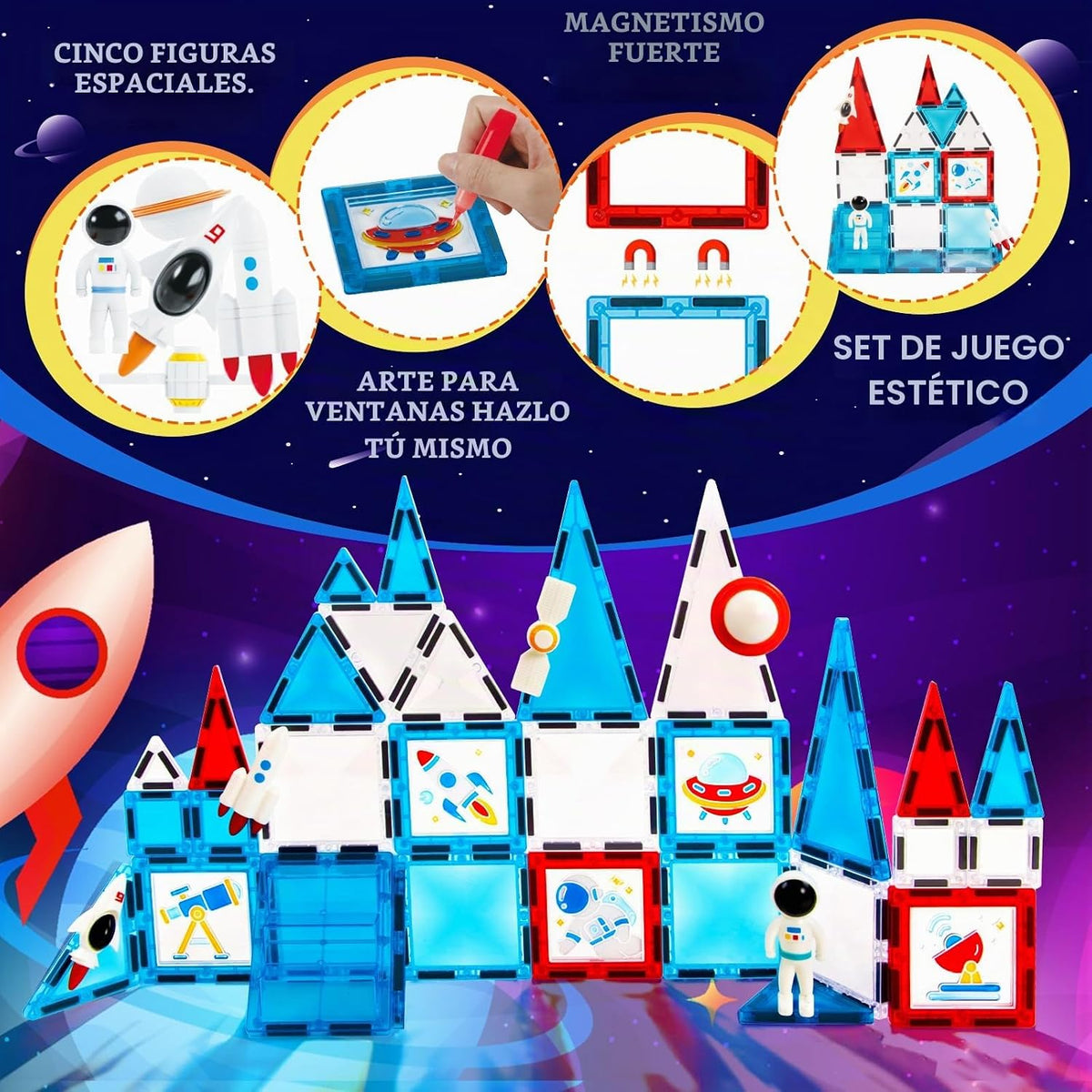 Azulejos magnéticos – Juego de 58 piezas de bloques de construcción con imanes espaciales – Juguetes sensoriales de viaje para niños pequeños – Tableros de juego de construcción STEM apilables – Arte