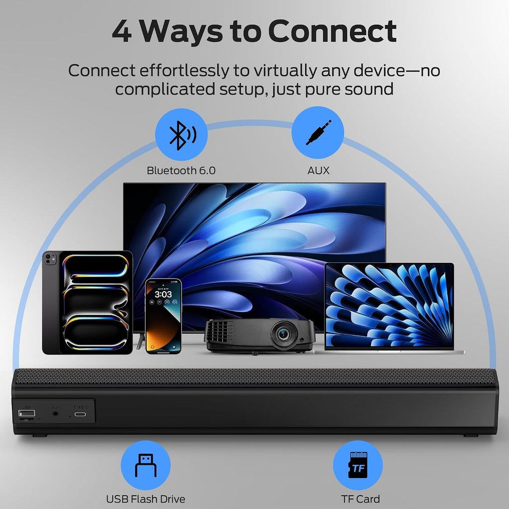 Monster SD100 Altavoces de computadora para PC de escritorio, altavoces estéreo de PC de 28 W con emparejamiento inalámbrico TWS, Bluetooth 6.0 y barra de sonido auxiliar de 0.1 in, graves profundos
