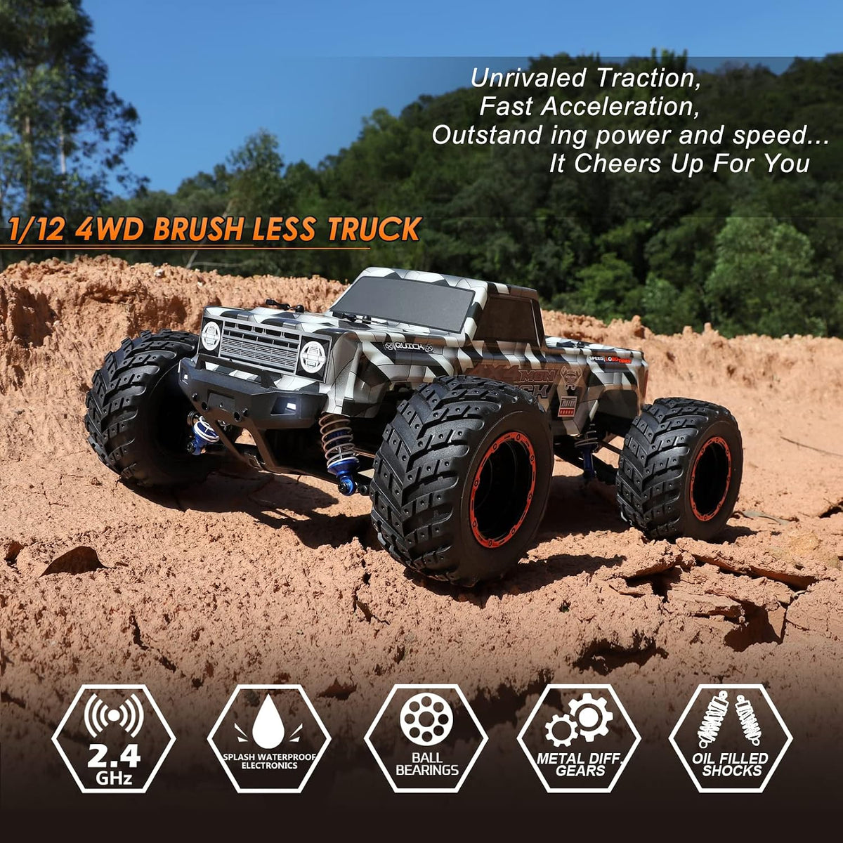 HAIBOXING Coches RC sin escobillas a escala 1/12 903A, 4X4 todoterreno Monster Truck con control remoto rápido de 55 KM/H de velocidad máxima, vehículos RC RTR de grado aficionado todo terreno para