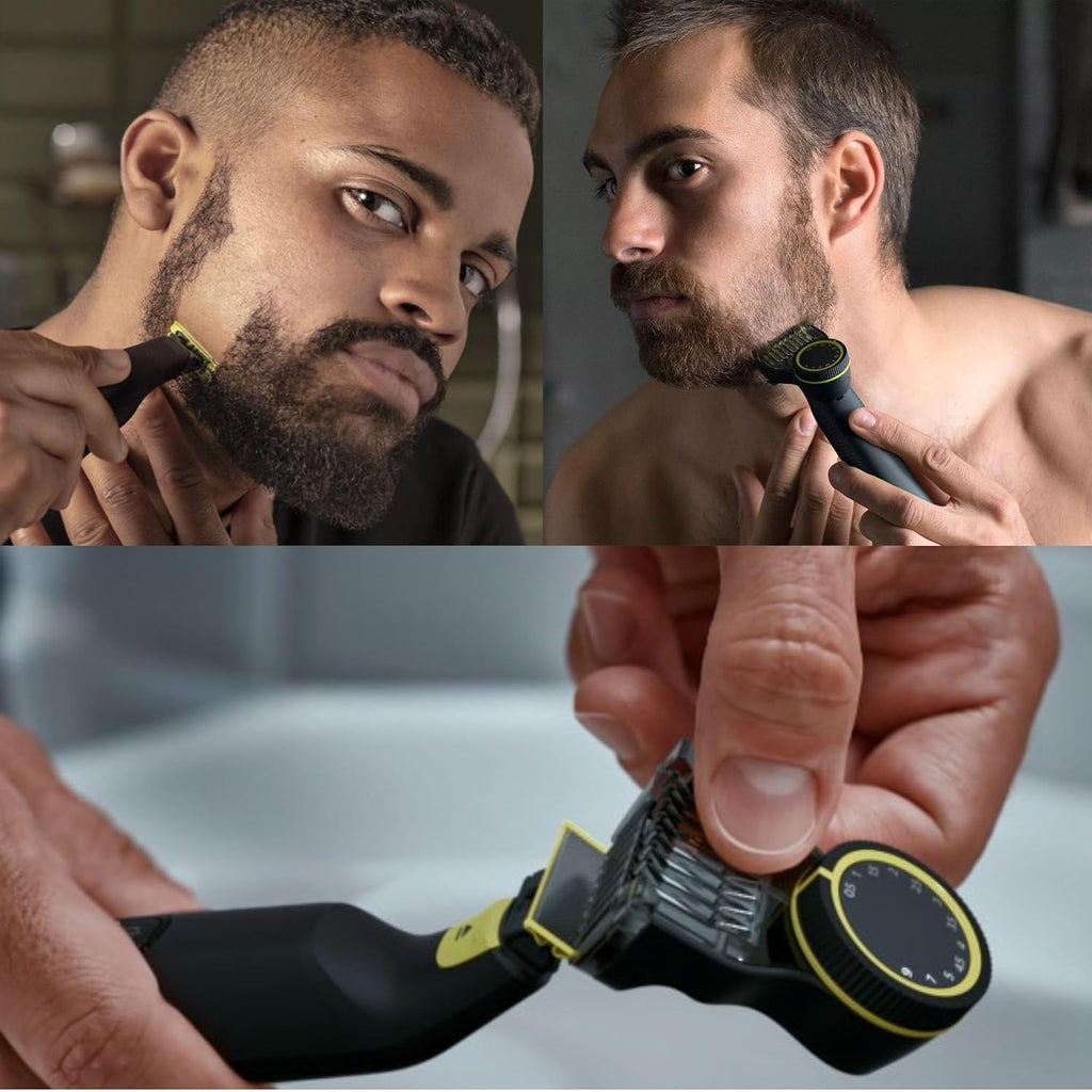 PHILIPS OneBlade Pro Face + Body Recortadora y Afeitadora Eléctrica Híbrida, recargable, peine de precisión ajustable de 14 longitudes, kit para cuerpo, hoja de doble cara, uso en húmedo y seco, estuche de viaje