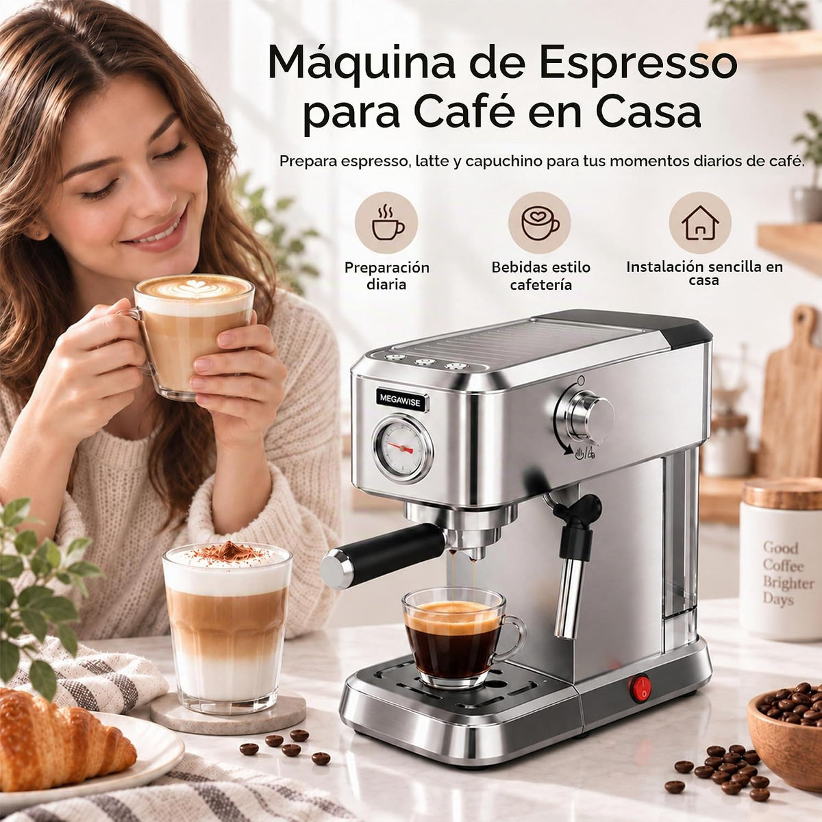 MEGAWISE Máquina de café expreso, cafetera con espumador de leche, cafetera