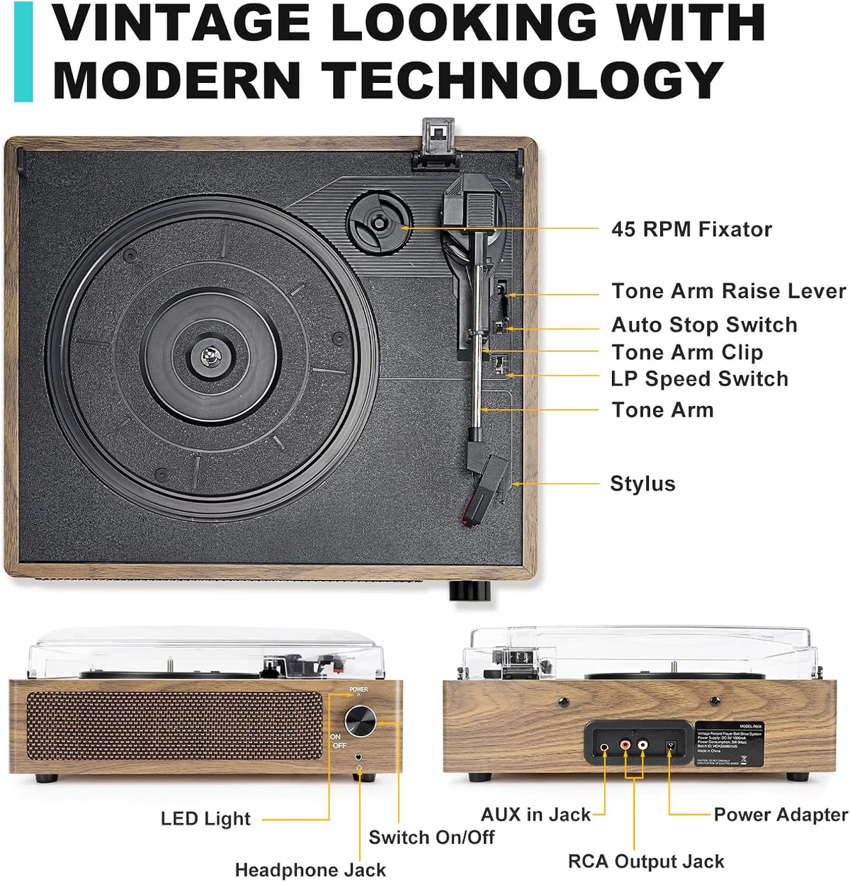 Tocadiscos de vinilo con altavoces, tocadiscos vintage para discos de vinilo accionados por correa, tocadiscos de 3 velocidades, reproducción inalámbrica, auriculares, entrada AUX, salida RCA, LP